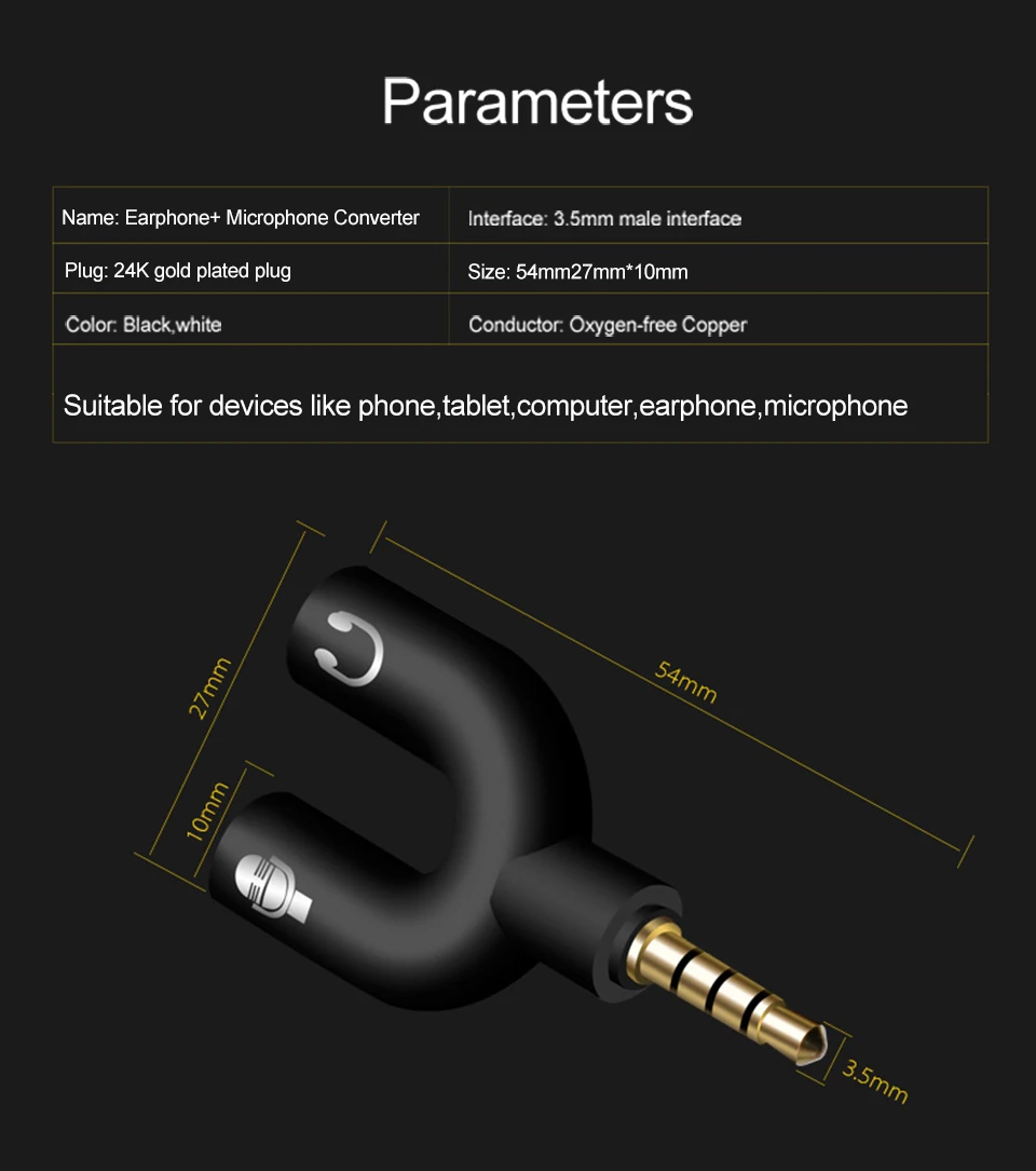 Y shape 3.5mm Stereo Audio Splitter Earphone Headset + Microphone Adapter for PC IPhone Smartphone Mobile Phone Male to 2 Female (6)