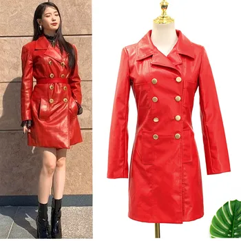 

new arrival autumn winter fashion pu leather trench coat women double breasted slim lapel Windbreaker