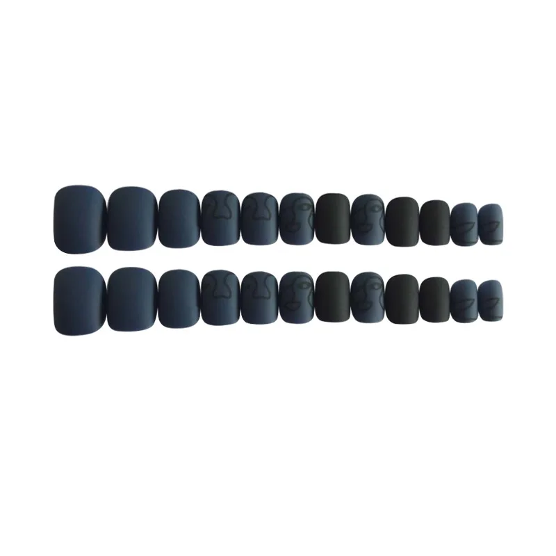 Nusx 24pcs Creative Face Line Pattern Wearable Full Press On Nails Cool Style Blue Short Round 5