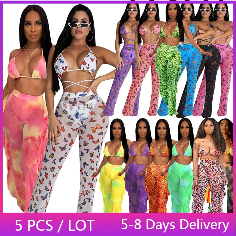

Wholesale Items Summer Sexy 3 Piece Set Women Clothing Printed Fashion Club Outfits 4XL Swimwear Bikini Ruffles Mesh Pants Set