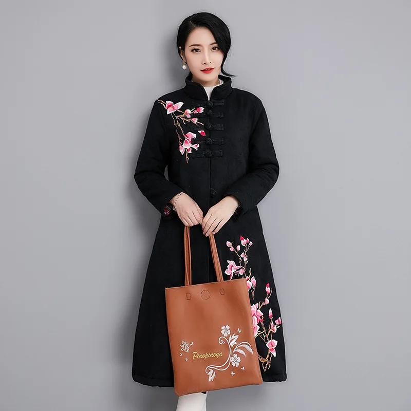 

New Style Cotton Linen Embroidered Cotton Linen Ethnic-Style Large Size Cotton-padded Clothes Retro Frog Women's Long Cotton-pad