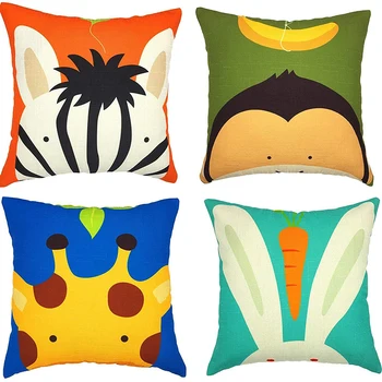 

4 Pcs Cushion Cover Kids Cartoon Animal Avatar Decorative Pillowcases Cotton Linen Throw Pillowcases 45X45Cm