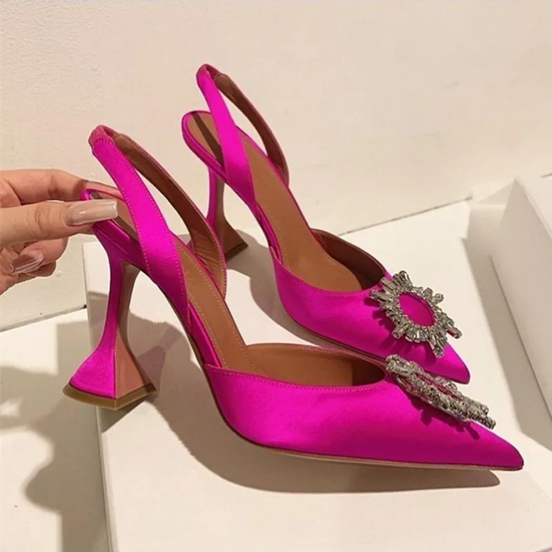 Woman Shoes Rhinestones Crystal Rose Sun-Flower Pointed-Toe High-Heel Pink Slingback