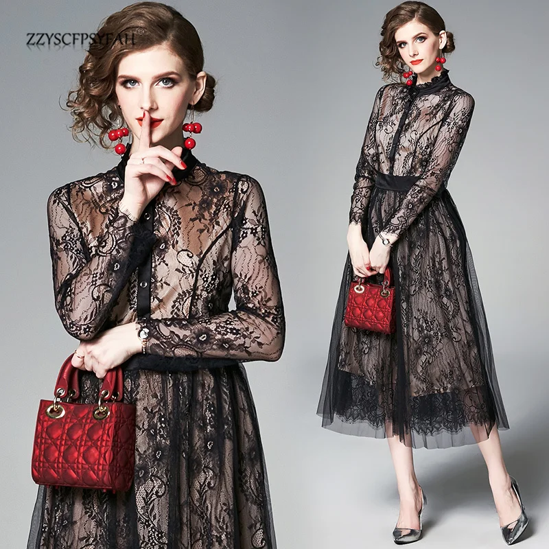 

ZP6263 Long-sleeved mesh splice lace waist folding high-end dress