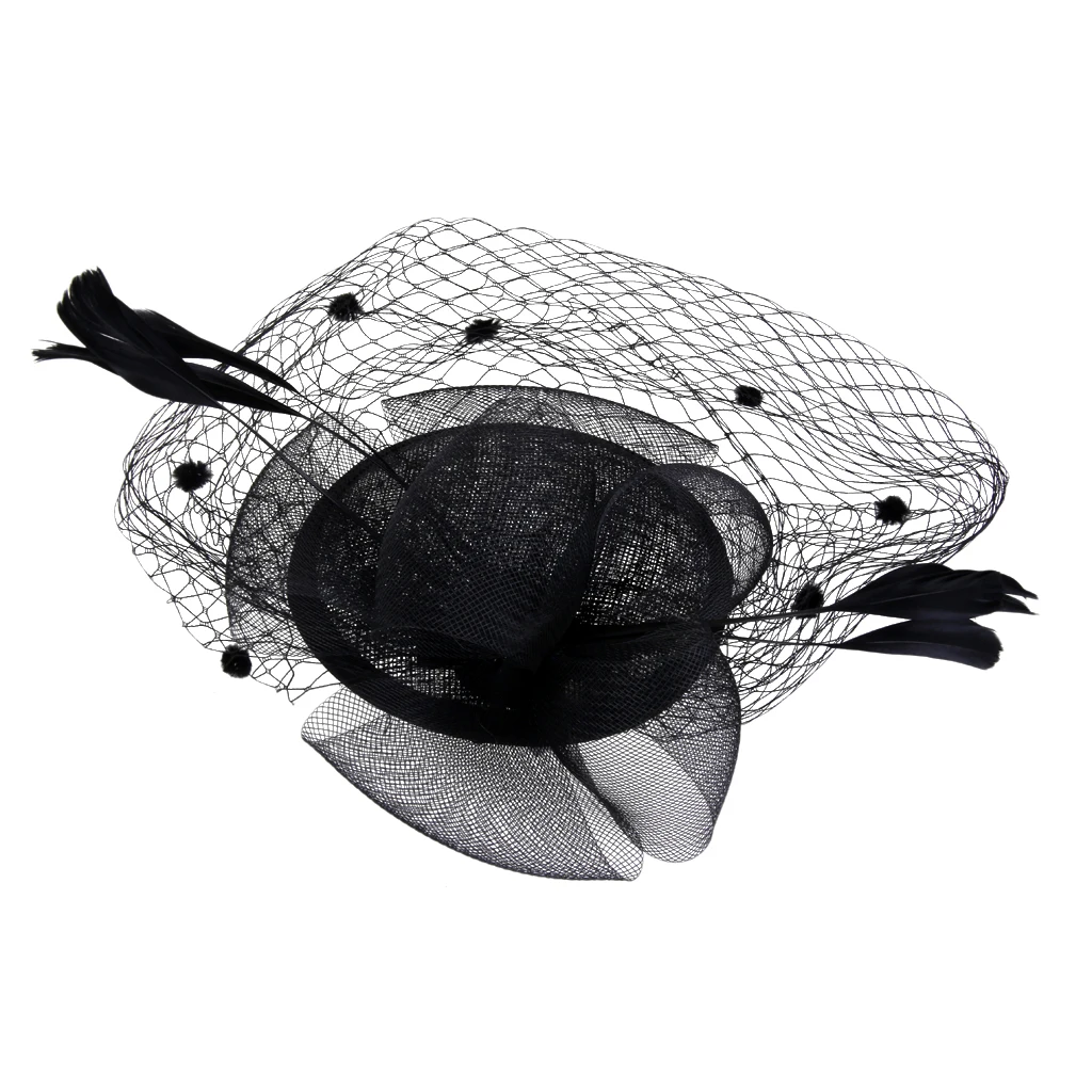 Bridal Fish Net Face Veil Feather Fascinator Hair Clip Party Headpiece Black