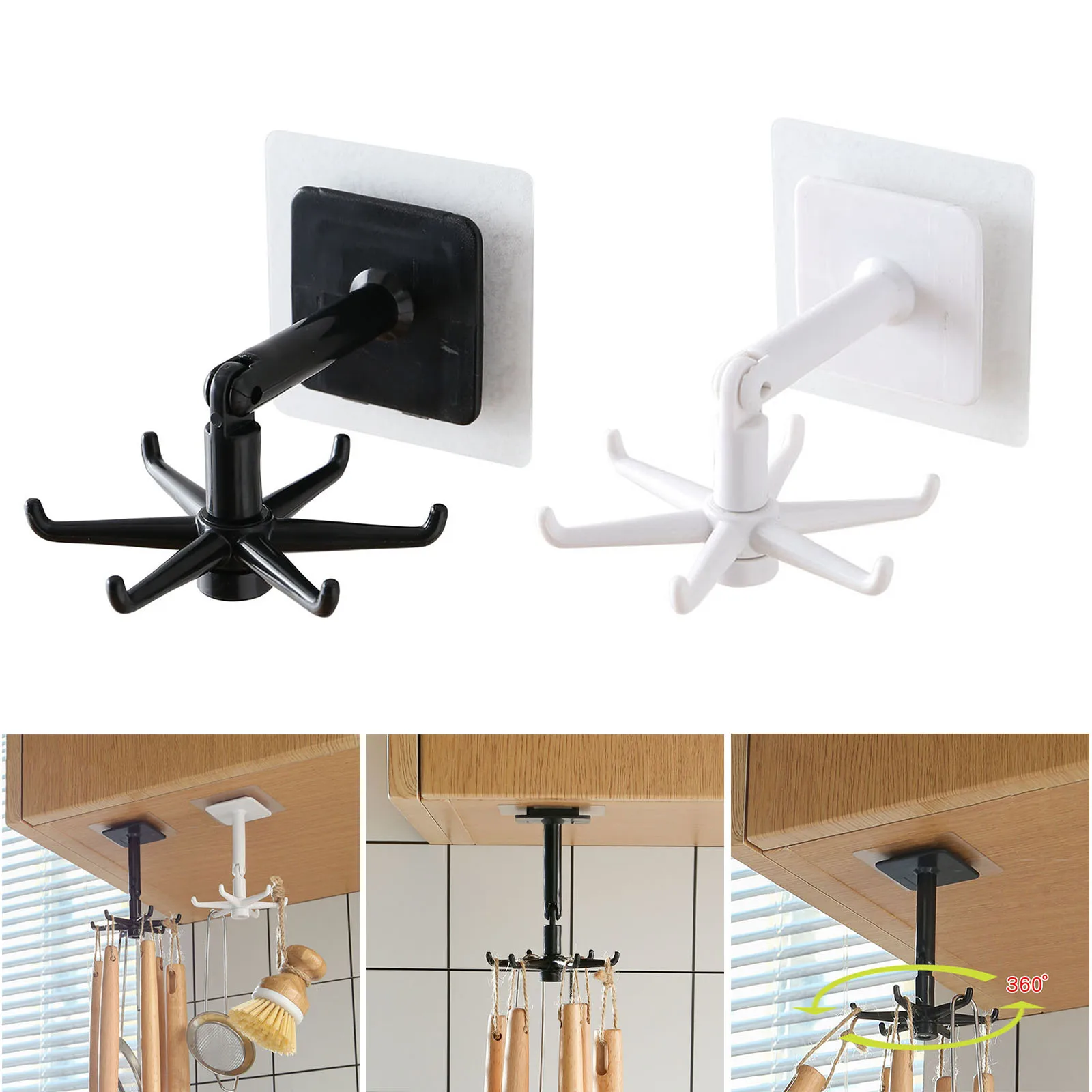

360 Degree Rotated Kitchen Hooks Self Adhesive 6 Hooks Home Wall Door Hook Handbag Clothes Ties Bag Hanger Hanging Rack Hook