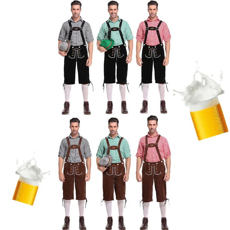 

Men Munich Beer Oktoberfest Costume plaid shirt Party Fancy Overalls Bar work clothes Uniforms Sexy waiter Beer Bodysuit new
