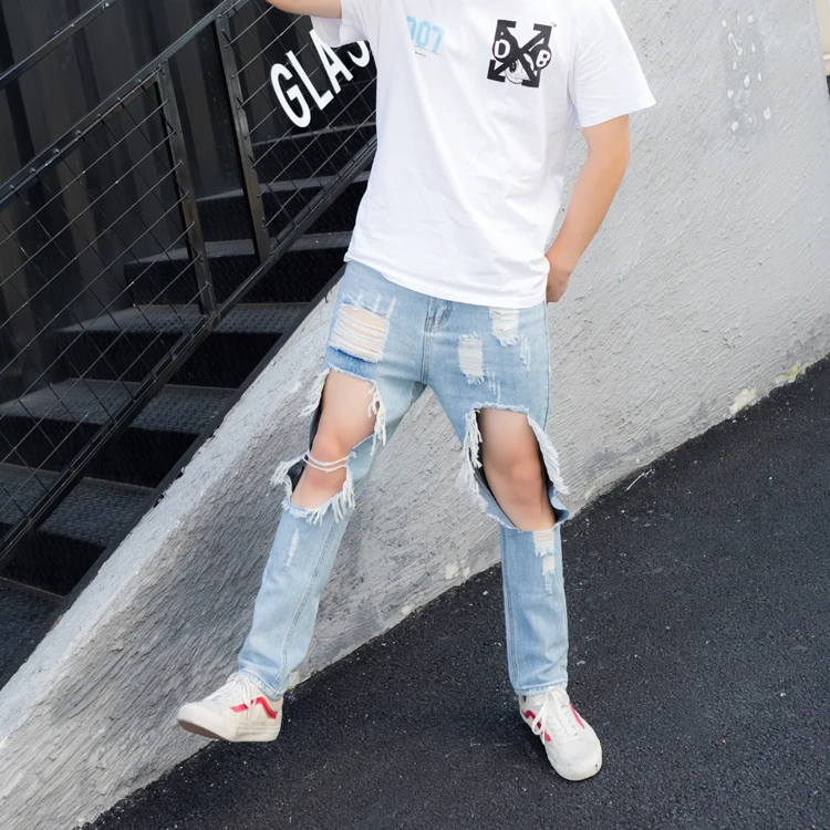 Trendy men's summer big hole leakage knee 9 / 9 jeans men's and women's lovers' Korean version thin beggar pants 2