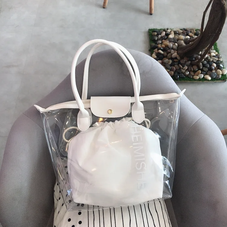 

2019 Summer Korean-style Fashion Jelly Different Size Bags PVC Transparent Hand English Crystal Bag Simple Versatile Shoulder