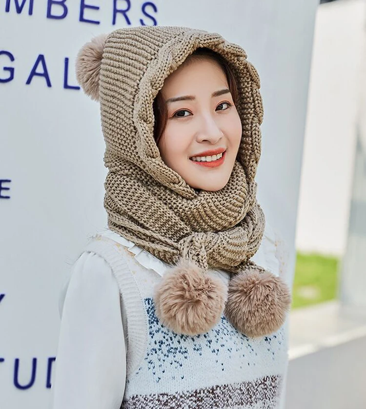 Новинка зимы сиамские шляпа шарф женский из толстого плюша и двухслойной подкладкой, модная шапка теплая шеи шапки, шарфы, комплект