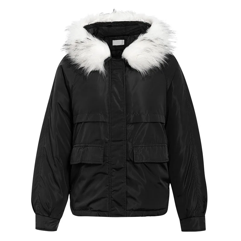 Conmoto/женские зимние теплые куртки-пуховики с меховым воротником, одноцветные куртки-парки на молнии с прорезями и карманами, женские пальто - Цвет: Черный