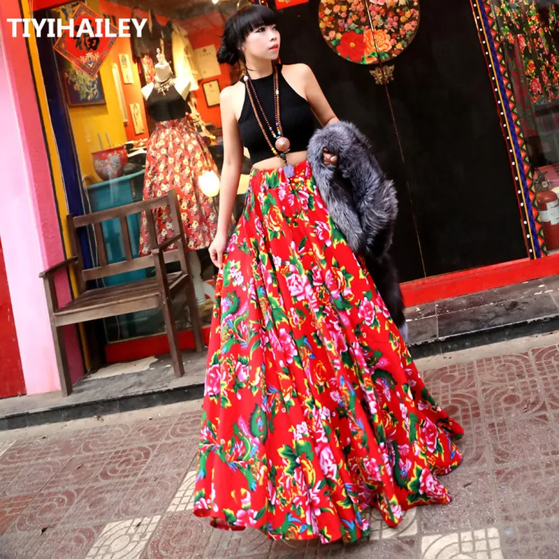 TIYIHAILEY Free Shipping 2021 Fashion Long Maxi A-line Elastic Waist Women Cotton Red Skirts Flower Print Skirts Customer Made fashion elegant green women suits custom made wide peter pan lapel blazer