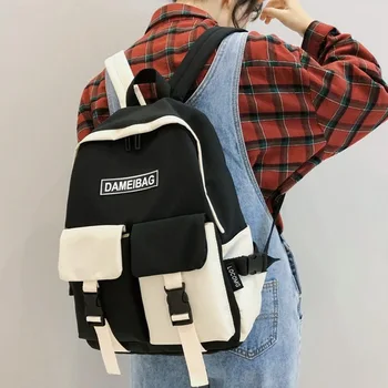 

Backpack Women New Panelled Waterproof Nylon Backpack Female Eye-splice Schoolbag For Teenage Girls Double Front Pocket Mochilas