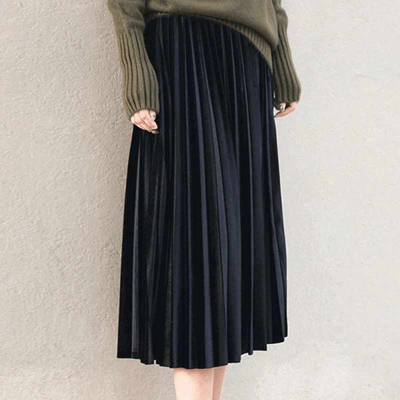 BUENOS осень зима плиссированная юбка Женская длинная юбка большой размер Свободная юбка Корейская А-силуэт юбка женская мода юбки - Цвет: Черный