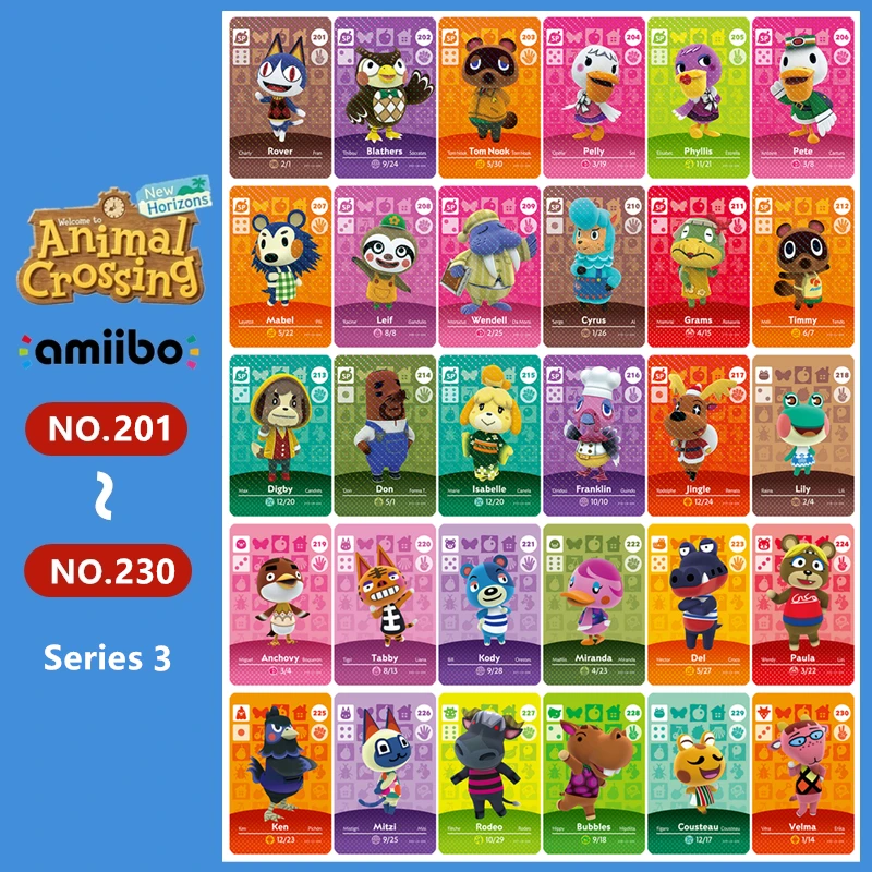 Animal Crosing NO.201 ~ 230 Series 3 Tarjeta de etiqueta NFC Ntag215 tarjeta para switch NS juego