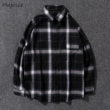 

Men Shirt Long Sleeve White Clothing 2020 Plaid Turn-down Collar Mens Shirts Casual Slim Fit Korean Fashion Casual Plus Size