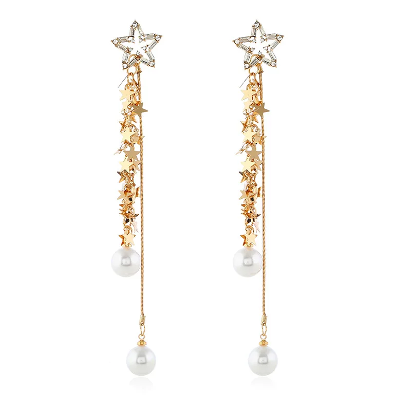 Seanlov Stars Pearl Tassel Earrings For Women Gift Silver Long Stars