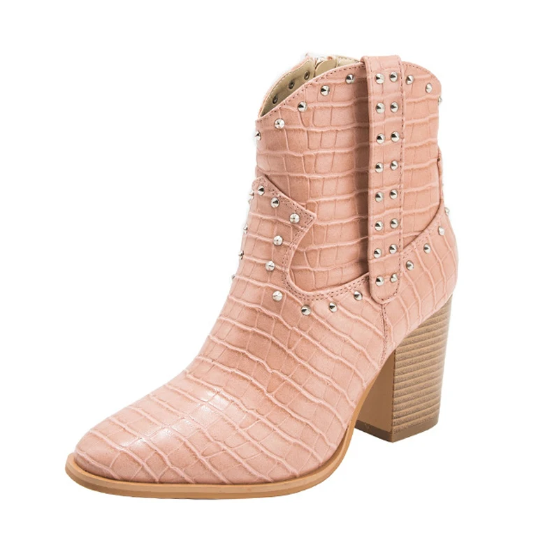 Ковбойские ботинки в ковбойском стиле из искусственной кожи на высоком каблуке с узором «крокодиловая кожа»; ковбойские ботинки с шипами; ботильоны; botas mujer; женская обувь