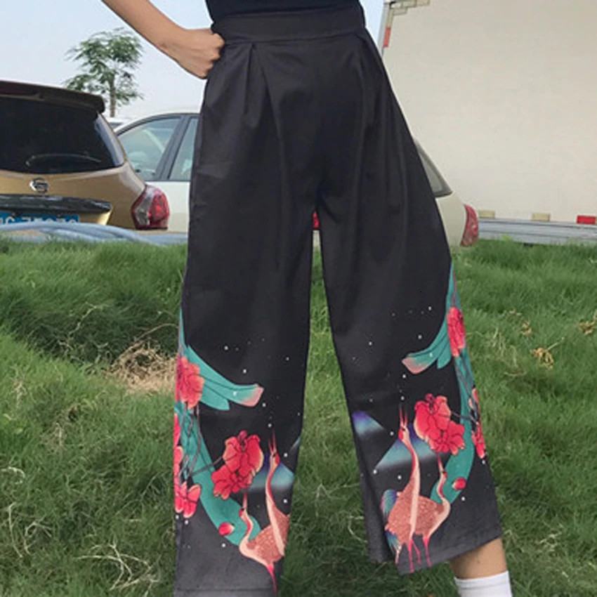 Crane trousers Unisex Woman Japanese Harajuku Kimono Haori Thin Sunscreen Coat Cardigan Ukiyo Man Wide Leg Pants Leisure Loose Harem Trousers - Цвет: Crane trousers