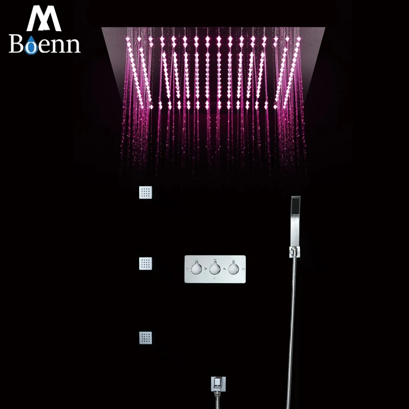 

Thermostatic Brass Bathroom Shower Chrome Faucets 16" Rainfall Shower Head Shower Set Diverter Mixer Valve LED Shower System