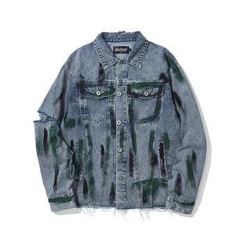 

Sleeve Hole Painted Streetwear Jeans Jackets Mens Autumn Oversize Washed Harajuku Denim Coat Hip Hop Lapel Letter Casual Top