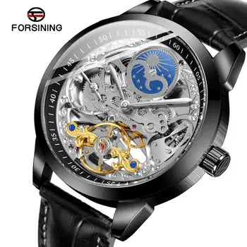 

Forsining 2020 New Moon Phase Skeleton Dial Mechanical Men's Watch Automatic Winding Black Leather Strap Sports Watch