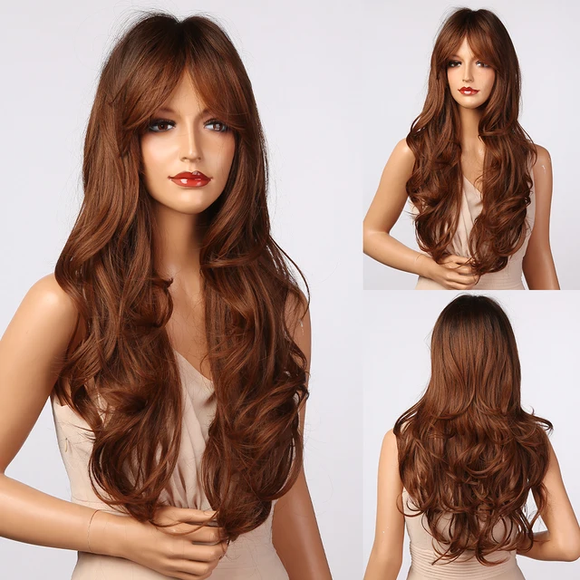HENRY MARGU Long Wavy Auburn Red Synthetic Wigs with Bangs Kinky Curly Natural Hairs for Daily Cosplay Party Heat Resistant Wigs LC5202-1