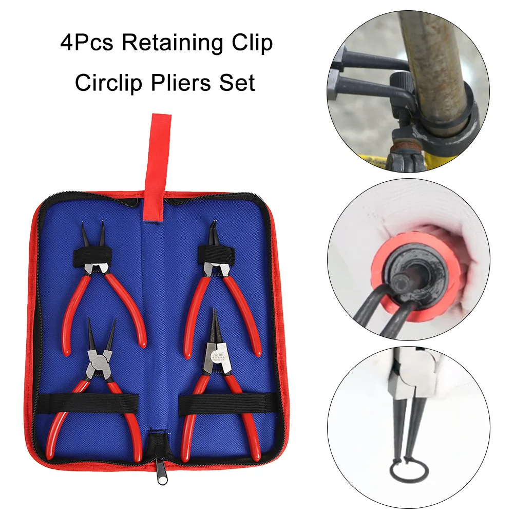 

4pc Retaining Clip Circlip Pliers Set Elbow Straight Snap Ring Repair Tool Portable Disassembly Tool Internal External Accessory