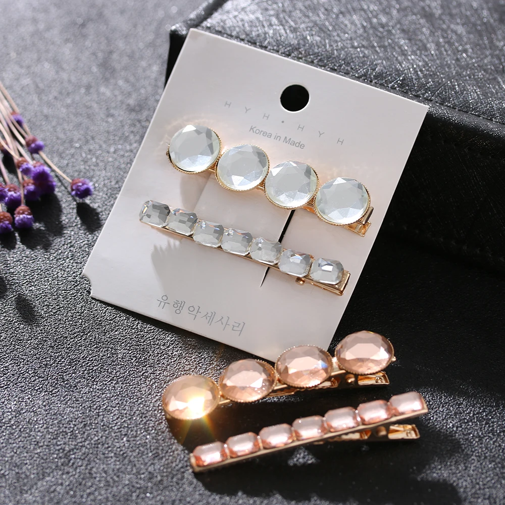 

2Pcs/Set Women Shining Crystal Barrettes Elegant Round Rectangle Shape Hair Clips Luxury Alloy Hairpins Fashion Hair Accessories