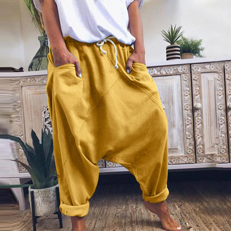 Women Harem Pants Trousers Boho Mid Waist Pants Women Solid Check Pants Baggy Wide Leg Casual Capris Women Harem Pants Trousers Boho Mid Waist Pants Women Solid Check Pants Baggy Wide Leg Casual Capris