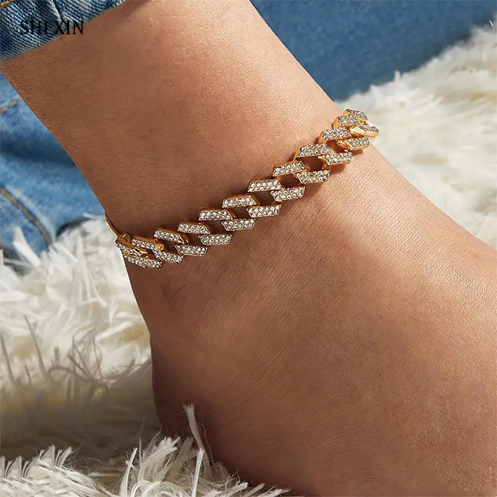 SHIXIN 4 Colors Luxury Shiny Rhinestone Anklet Bracelet For Women Chunky Cuban Link Chain Crystal Ankle Bracelet on the Leg/Foot SHIXIN 4 Colors Luxury Shiny Rhinestone Anklet Bracelet For Women Chunky Cuban Link Chain Crystal Ankle Bracelet on the Leg/Foot