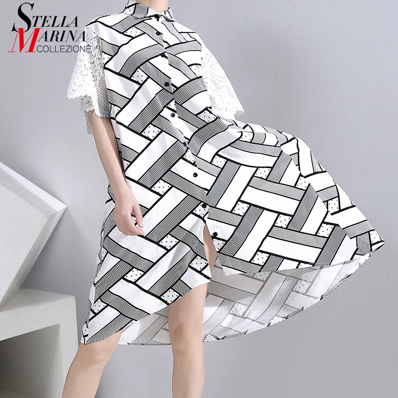Женское платье-рубашка с геометрическим узором белое кружевным рукавом большие