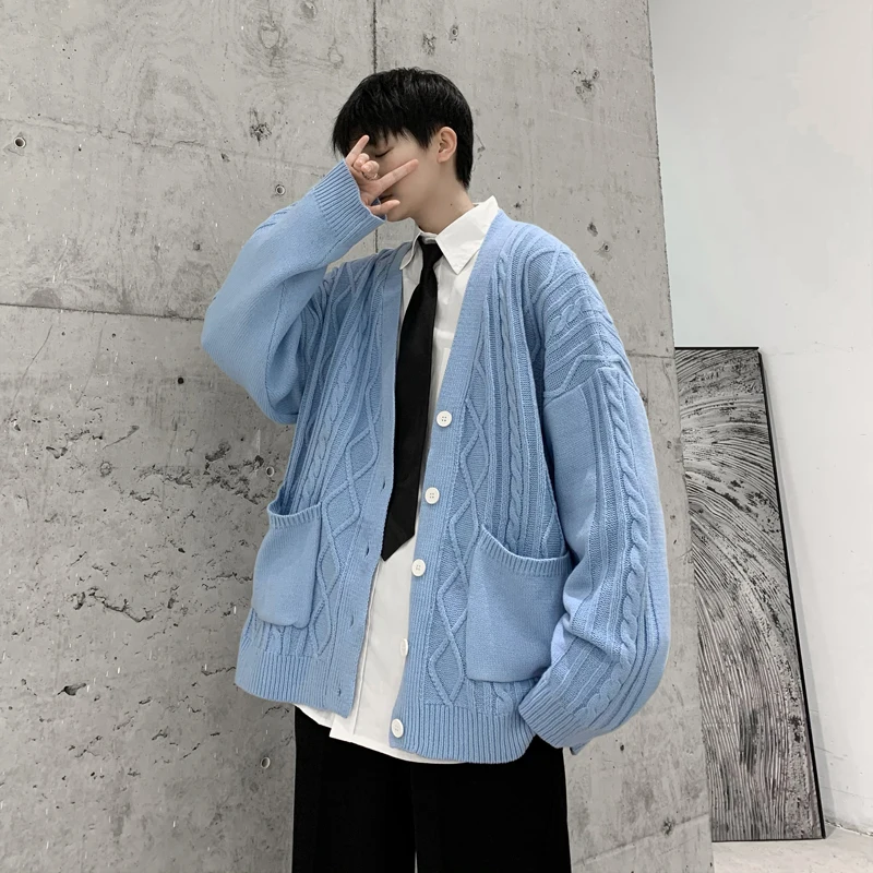 

Mens Fashion V-neck Big Pockets Cable- Knit Sweater Cardigan Men Long Sleeve Single-breasted Casual Sweatercoat Couple Jacket