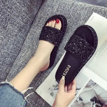 Summer Fashion Sequined Rhinestone Thick-soled  Korean version Flat-bottomed Wear-resistant Women's Sandals  Slippers