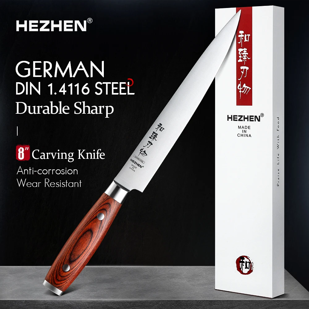 

HEZHEN 8 Inches Carving Knife Professional Cleaver Slicing Pakka Wood Handle & Stainless Steel Rivet Cook Knives