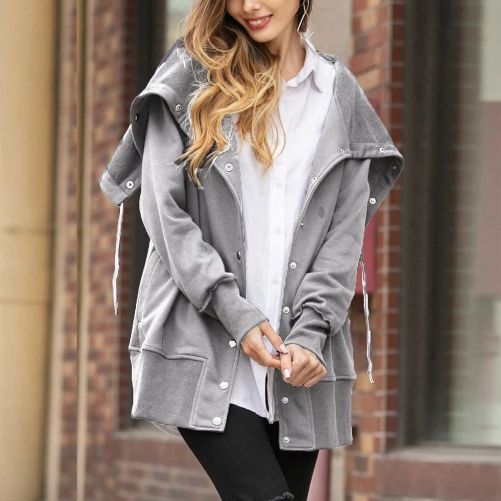 

Loozykit 2019 Lady Winter Hooded Polyester Sweatshirt Coat Women Oversized Thick Warm Long Sleeve Long Button Jacket Tops