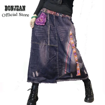 

Women Denim Skirt Retro Vintage Fashion Casual Long Midi Big Loose Elastic Waist Skirt Appliques Patchwork Bleached AZ393225523