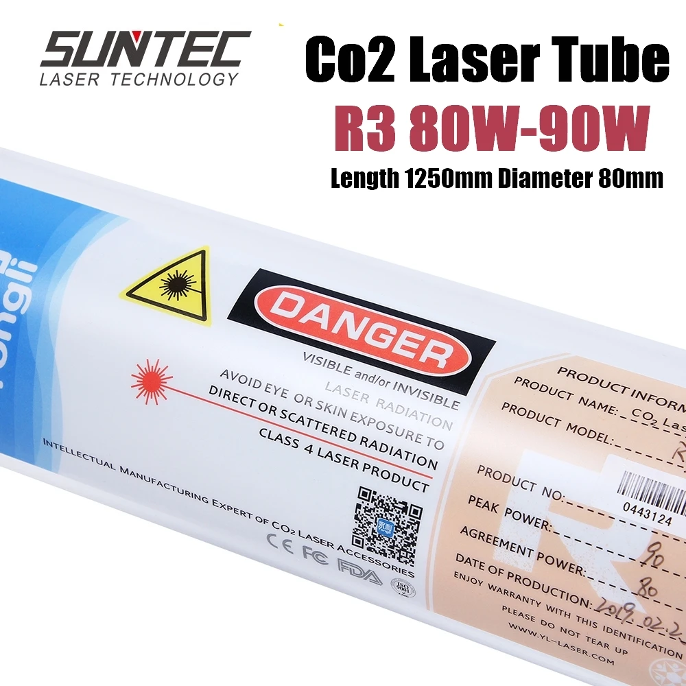 SUNTEC YL R3 80W CO2 Laser Tube Length 1250MM Dia. 80mm for CO2 Laser Engraving Cutting Machine With Wooden Case Box Packing