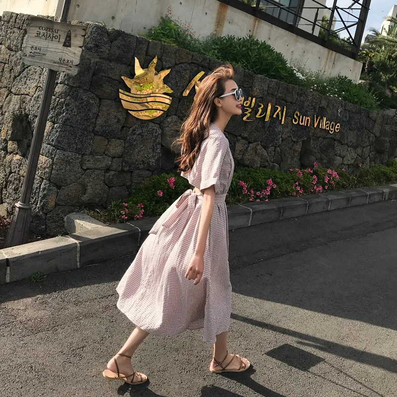 

Photo Shoot 2019 Summer New Style Korean-style Loose-Fit Two-color Mid-length Crew Neck Small Plaid Dress Women's