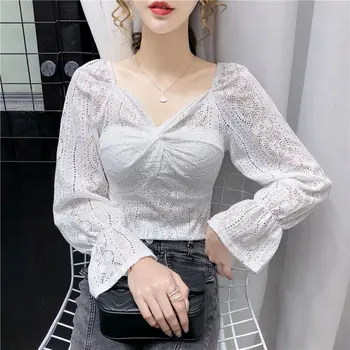 

COIGARSAM Sexy Full Sleeve blouse women New Spring Lace High Waist V-Neck blusas womens tops and blouses White Black 1005
