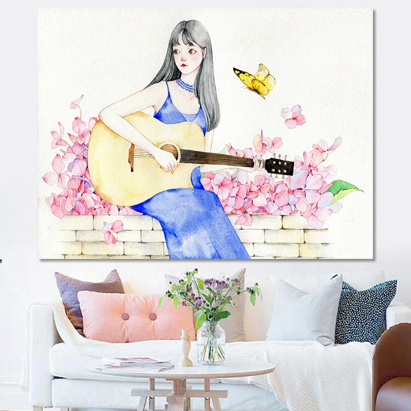 

Guitar Girl Tapestry Wall Cloth Kawaii Bedroom Carpet Dorm Room Decor Wall Sheet