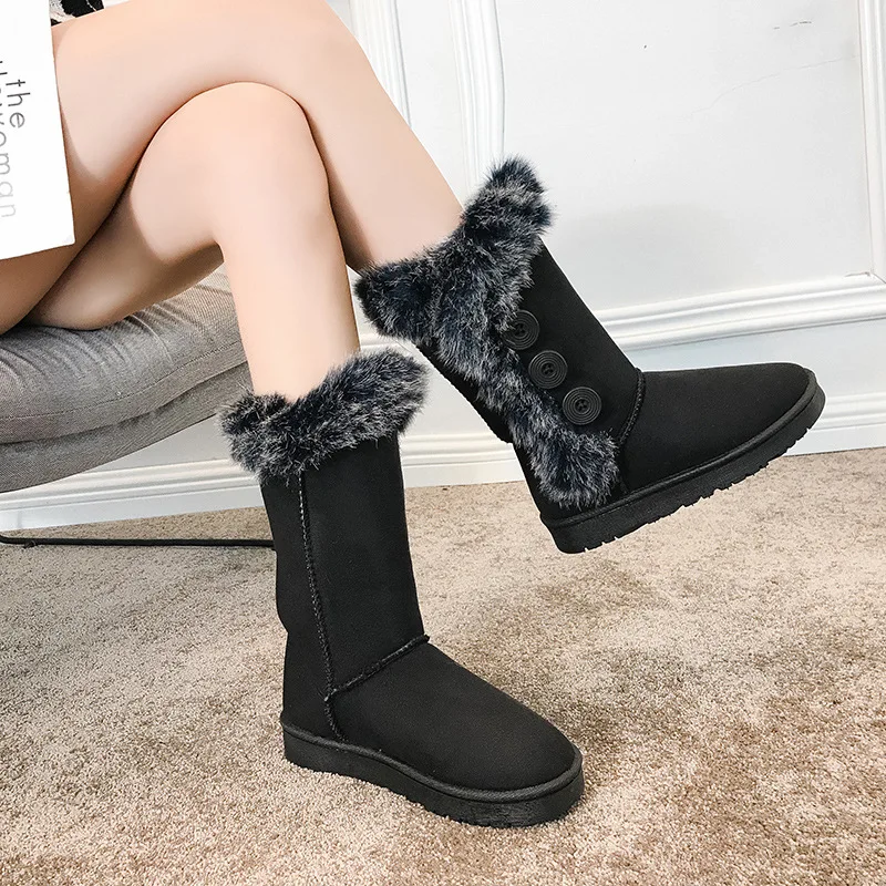 

European Women's Winter Boots Doubled Furry Button Warm Ugg High-top Flat Non-Slip Boots