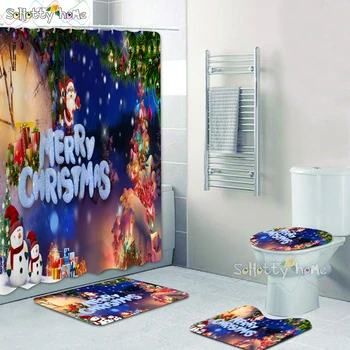 

Christmas Santa Print Toilet Bathroom Mat And Shower Curtain Four-Piece Set Christmas Holiday Party Home Decoration Decor