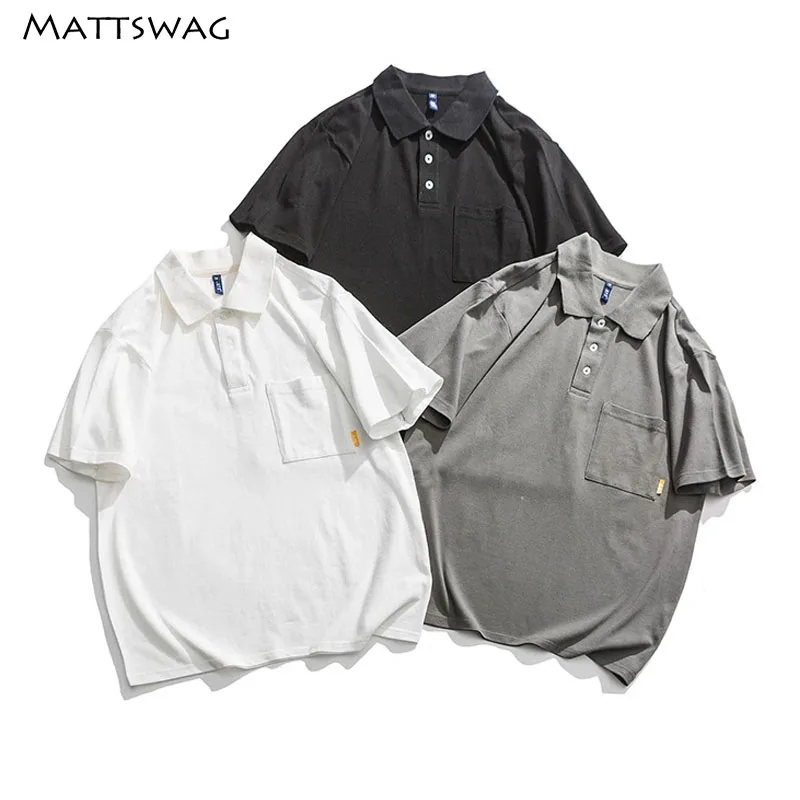

MATTSWAG Solid Color Mens Polo Shirt Simple Casual Men Summer Tops Loose Cotton Japanese Style Polo Shirts for Men with Pocket