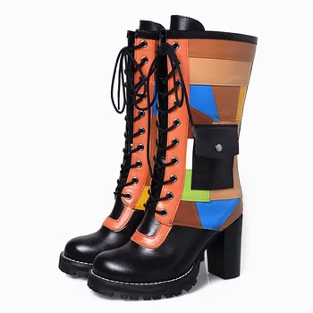 

Patchwork Genuine Leather Women Winter Boots Vinatge High Heel Boot Lace Up Mid-Calf Platform Rubber Botas Militares