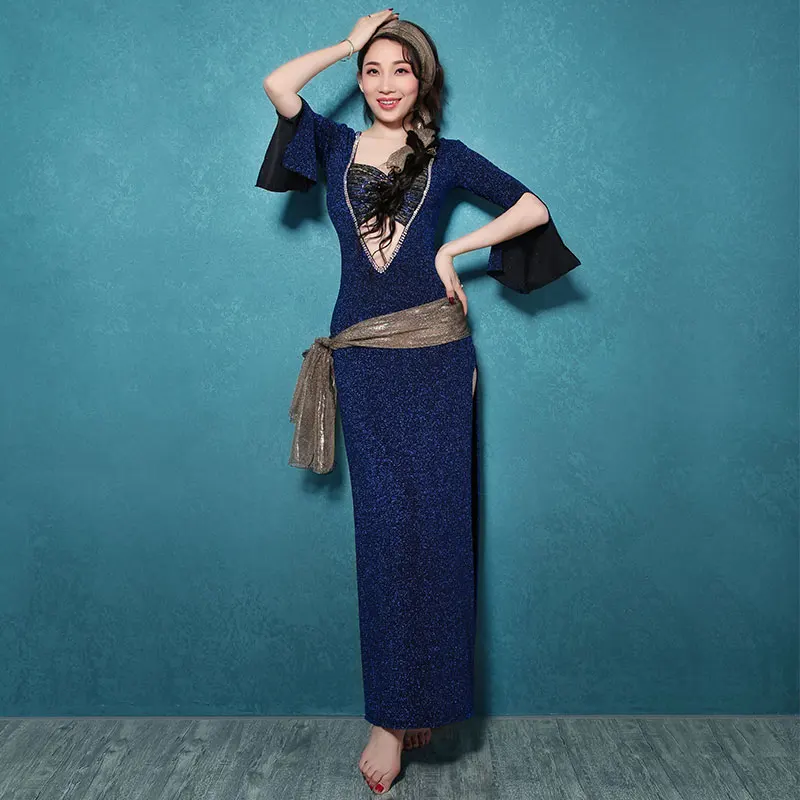 see chart Women belly dance performance set of robes folk baladishabbi costumes Oriental dance uniforms sexy sequined one piece long dress - Цвет: see chart
