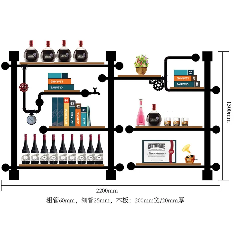 Высокое качество барная кухонная полка для хранения вина держатель Ретро дизайн книжная полка/винный стеллаж из железных труб, доски CF
