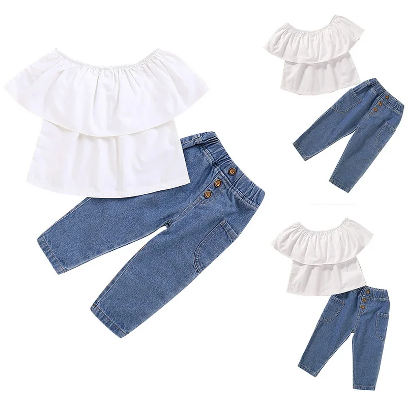  CYSINCOS Baby Girls Sets Solid Ruffled Tshirt+Denim Pants Set Toddler Children Girls Clothes Outfit