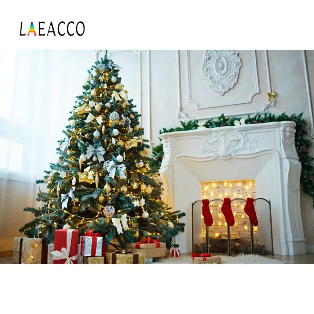 

Laeacco Photo Backgrounds Gray Chic Wall Fireplace Christmas Tree Gift Sock Carpet Baby Child Party Photo Backdrop Photo Studio