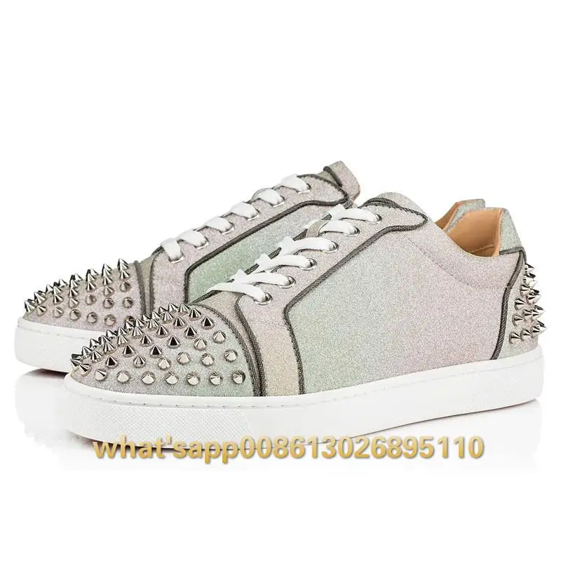 

Red bottom New Sequined Clothes Mens Casual Sneakers Silver Rivets Spikes Toe Lace-up Comfortable Flats Platform Shoes Man Large Size 38-46